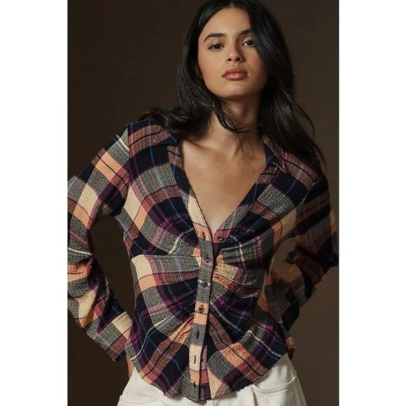 Anthropologie Tops - Pilcro Anthropologie Ruched Long-Sleeve Flannel Shirt Women's Sze L Purple Indie